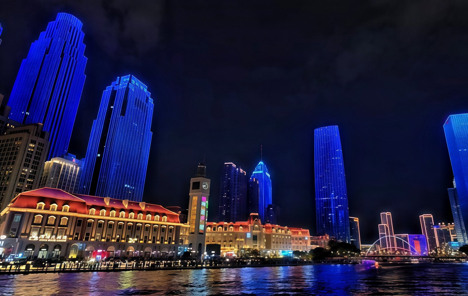 Jinwan Square’s illuminated historic waterfront and modern towers beside the Haihe River in Tianjin.