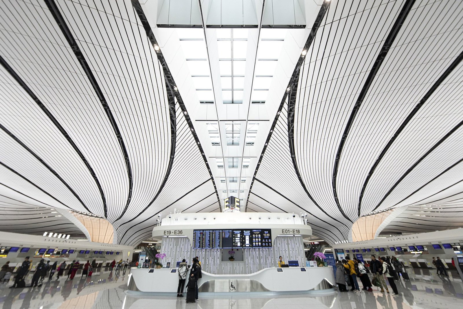 The bright check-in hall at Beijing Daxing International Airport.