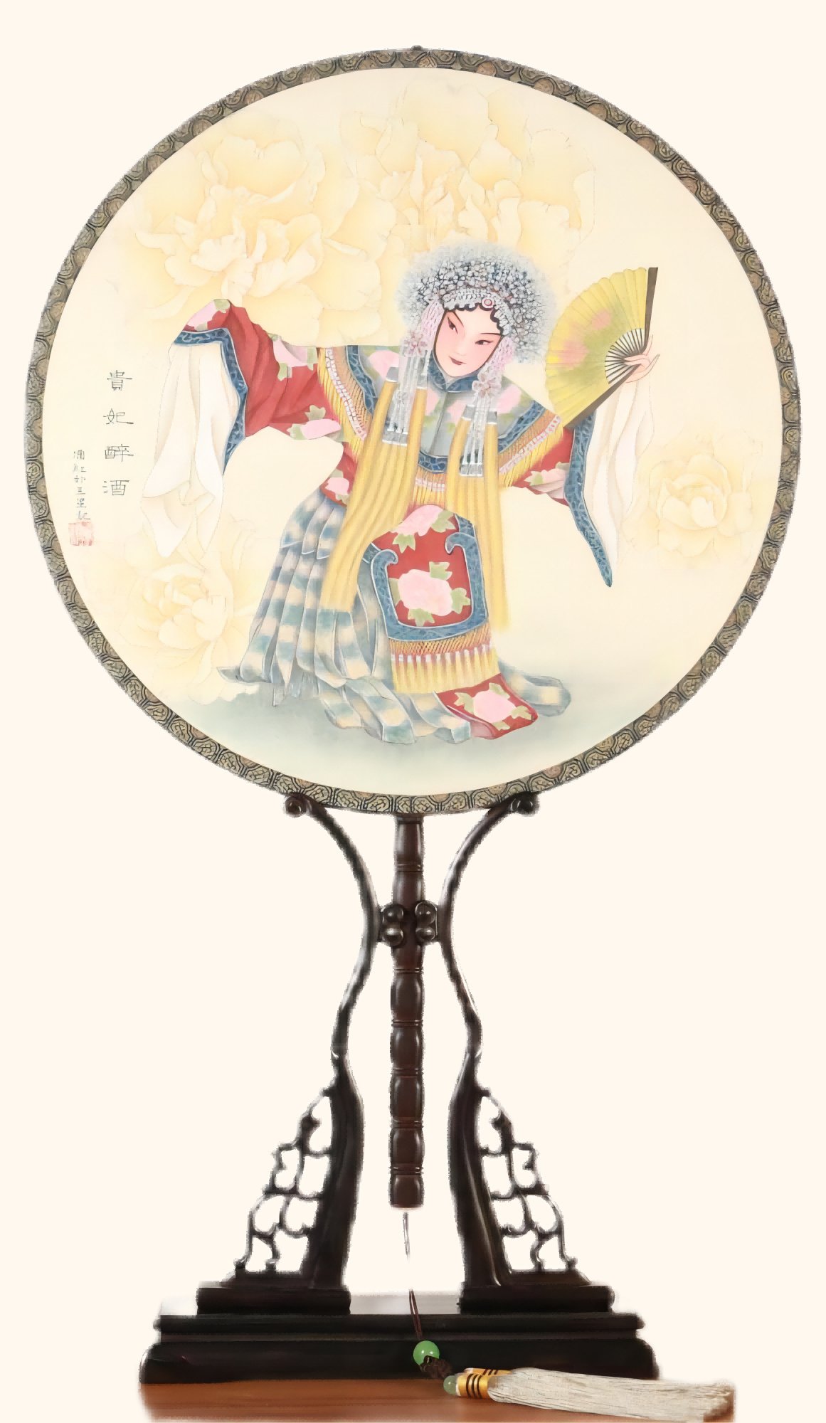 Fixed silk palace fan depicting The Drunken Concubine